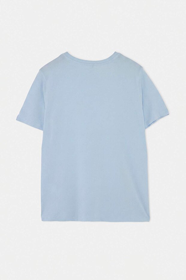 Açık Mavi Nakışlı Regular %100 Pamuk Büyük Beden Örme T-Shirt TBBSS26BF00091 - 7
