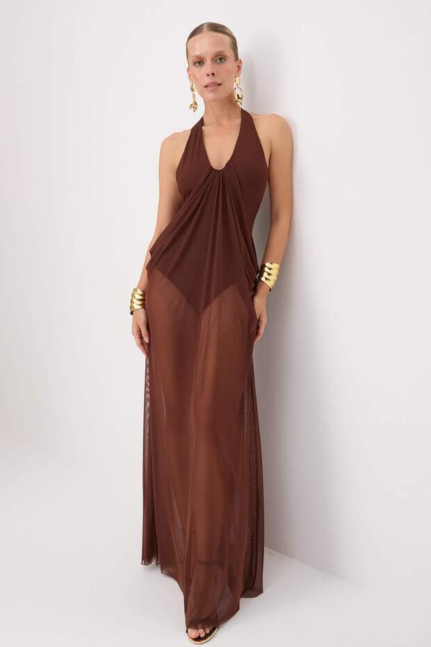 Kahverengi Body Detaylı Tül Tek Parça Maxi Abiye Party ElbiseTPRSS26AE00149 - 2