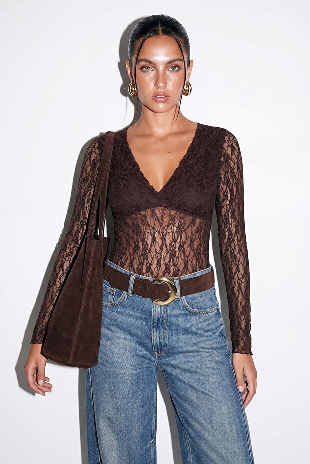 Kahverengi Dantelli Body Suit TDRSS26BZ00022 - 2