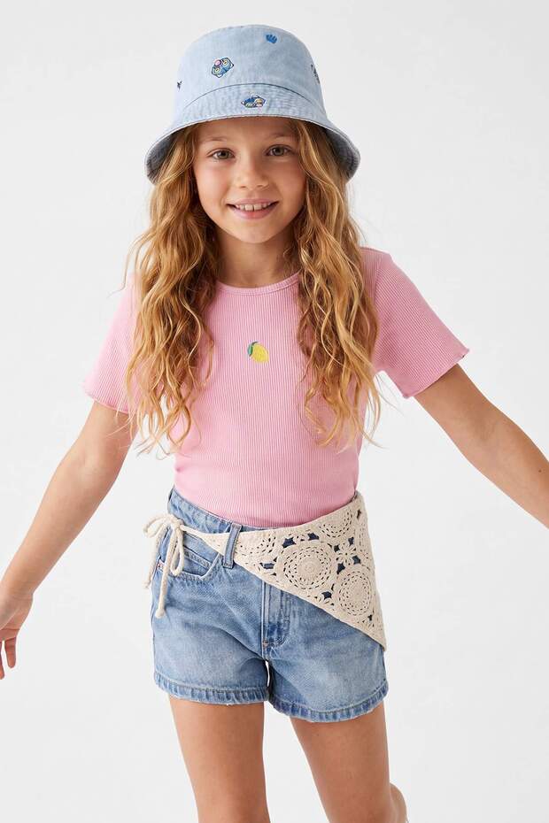 Pembe-Mint Nakışlı / İşlemeli Örme T-Shirt TKDSS25TS00027 - 2