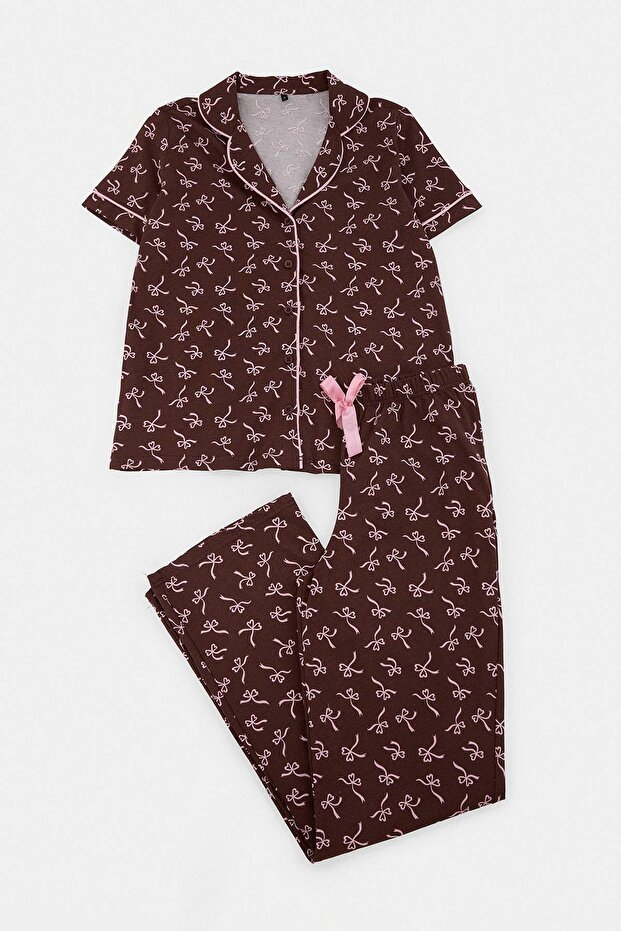 Kahverengi %100 Pamuklu Kurdele Desenli Biyeli Örme Pijama Takımı THMSS26PT00026 - 1