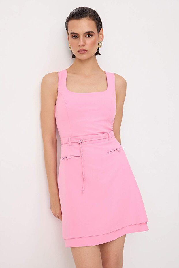 Açık Pembe Kare Yaka A-Kesim/Çan Form Kısa / Mini Dokuma Elbise TWOSS26EL00701