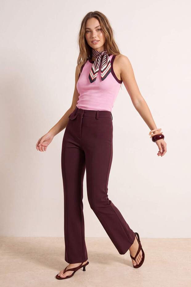Mürdüm Dokuma Kumaş İspanyol Paça Pantolon TWOAW26PL00143 - 2