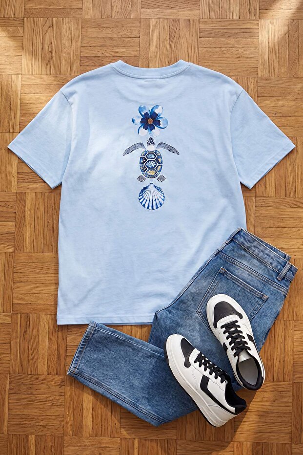 Light Blue Printed Regular Crew Neck Standard Sleeve Short 100% Cotton Knitted T-Shirt Twoss26Ts00357