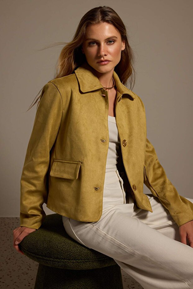 Khaki Regular Fit Suede Thin Jacket Coat Twoaw26Mo00115