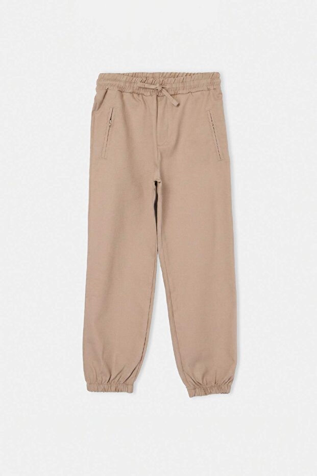 Beige Cotton Flexible Adjustable Waist Boys' Plain Gabardine Woven Jogger School Pants Tkdaw27Pl00003