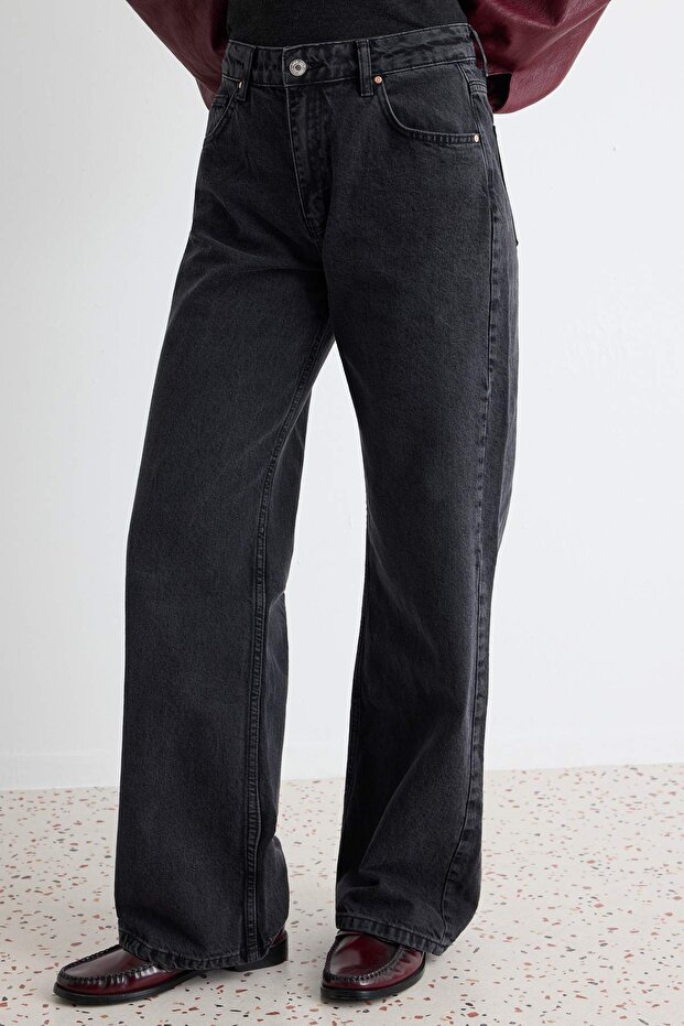 Antrasit Yüksek Bel Wide Leg Geniş Paça %100 Pamuk Non-Stretch Jeans TWOAW24JE00089 - 4