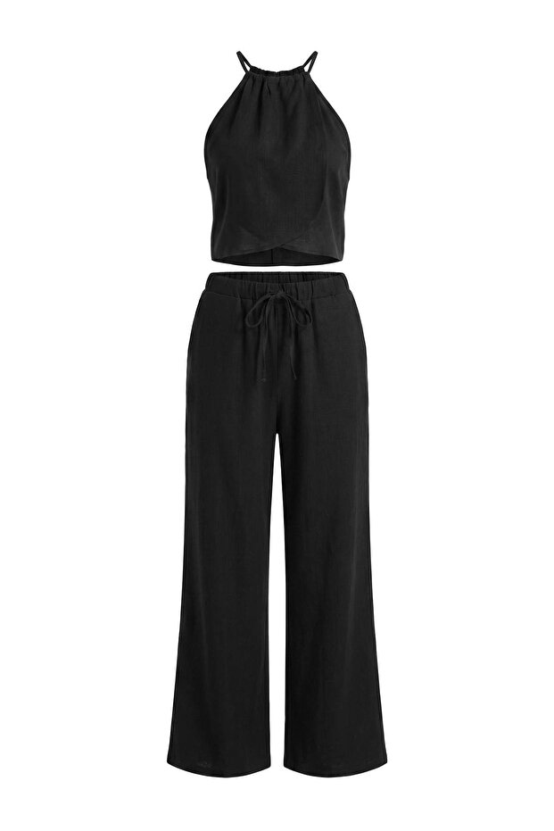Siyah Keten Karışımlı Bluz Pantolon Plaj Takım TBESS26AU00062