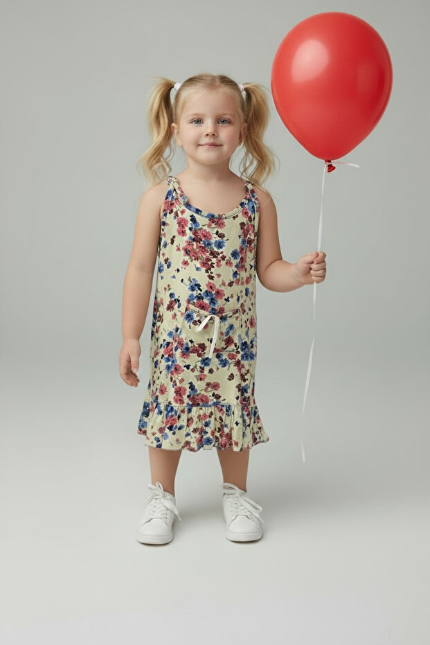 Girl's Small Crispy Beige Floral Mini Dress 9240