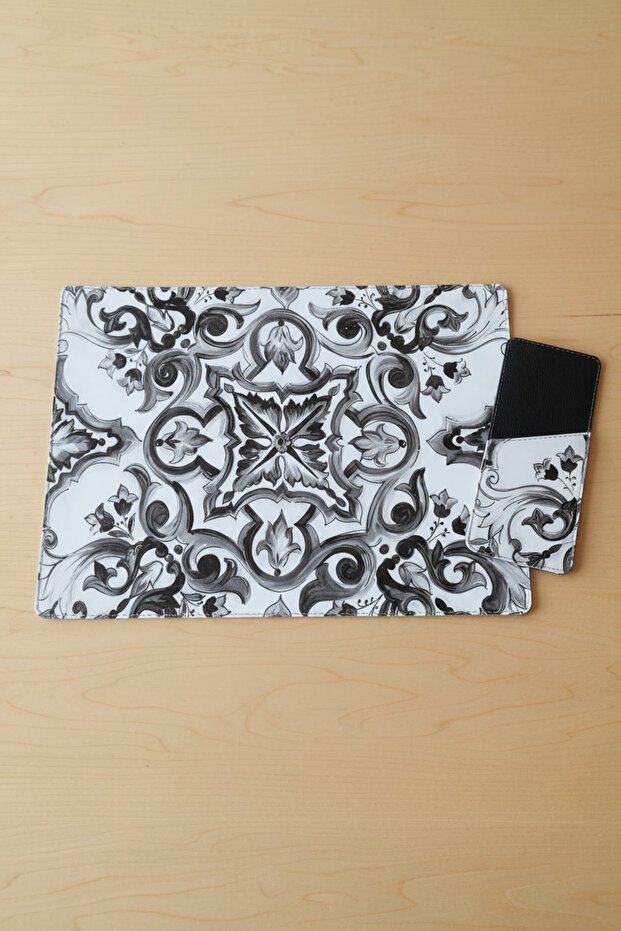 Placemat and Spoon Holder Set Leather for 6-Person 12-Piece Black and White Baroque Patterned Stylish Table Service