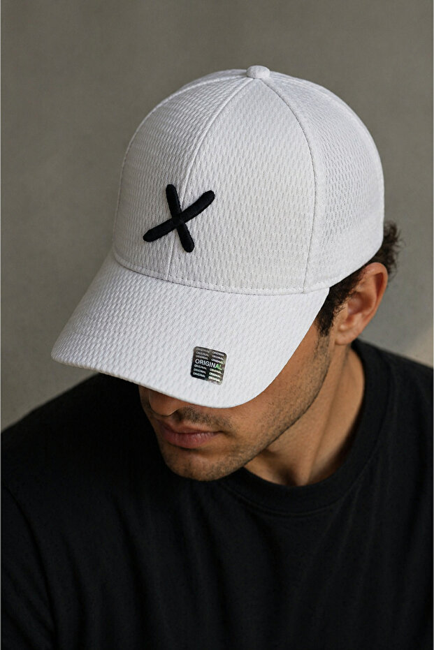 White Unisex Baseball Cap White X Embroidered Adjustable Casual Sports Hat