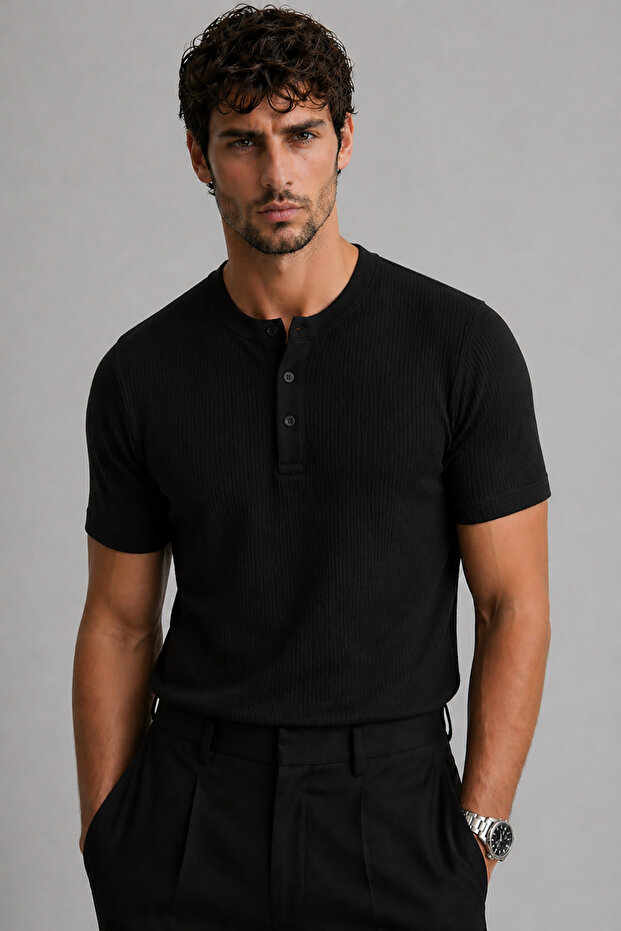 Men's Black Henley Collar Short Sleeve Premium Cotton Ribbed T-Shirt
