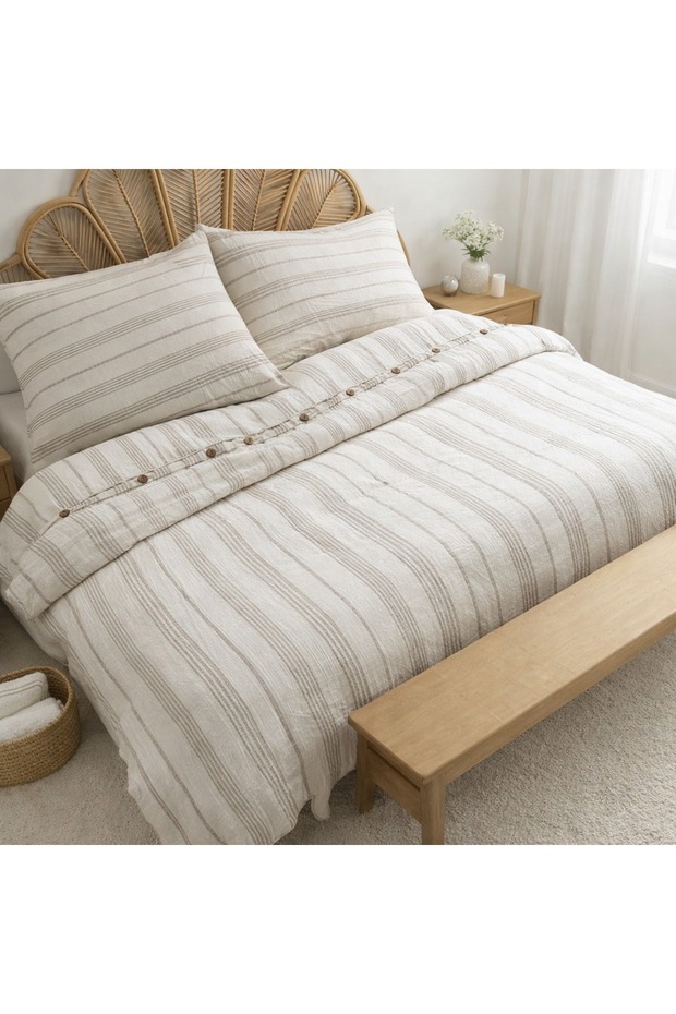100% Cotton Muslin Duvet Cover Set Single Size Beige with Elastic-Free Flat Sheet 160X220 cm