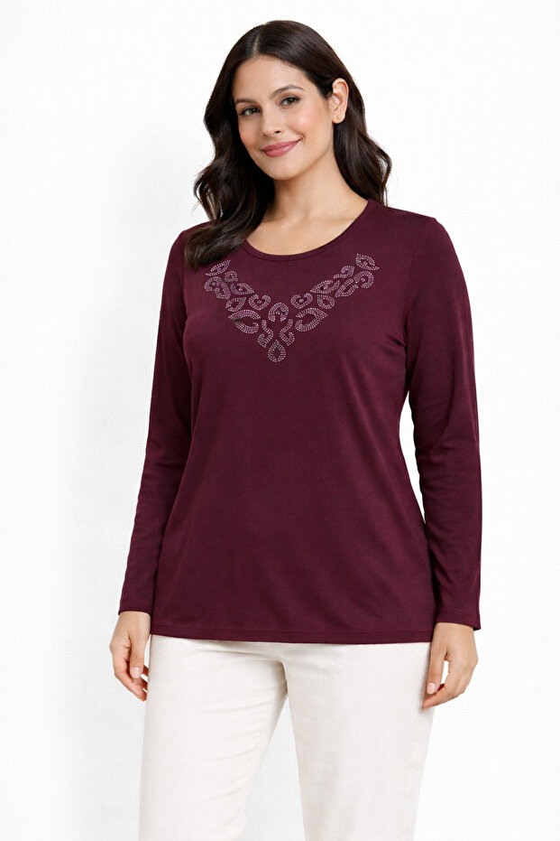 New Pattern Stone Embroidered Round Neck L Stretch Fabric Mother Combed Cotton Blouse 6670