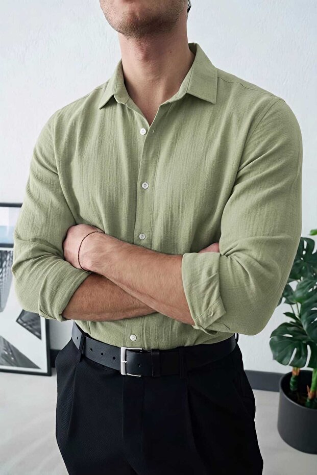 Men's Çağla Oversize Relaxed Fit Premium Summer Textured Long Sleeve Muslin Shirt