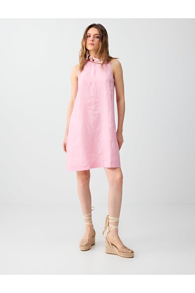 Pink 100% Linen Sleeveless Crew Neck Mini Dress