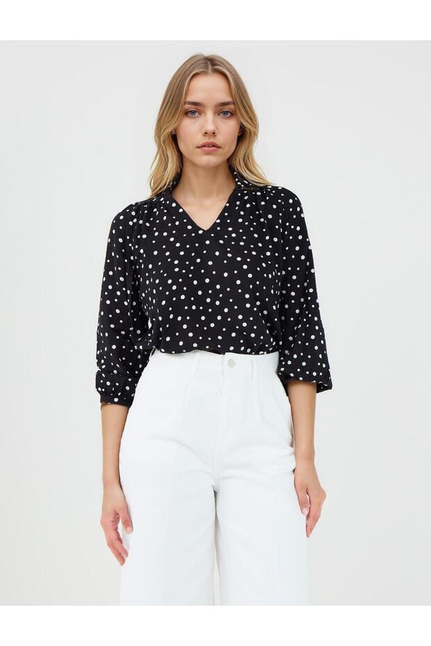 Black Relaxed Cut Three Quarter Sleeve V Neck Polka Dot Blouse