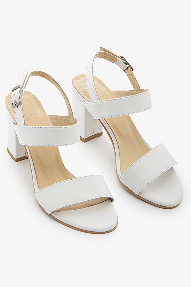 White Genuine Leather Ankle Strap Thick Heeled Women's Shoes