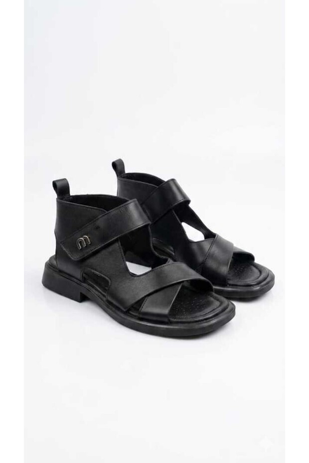 Women's Black Genuine Leather Velcro Daily Sandals