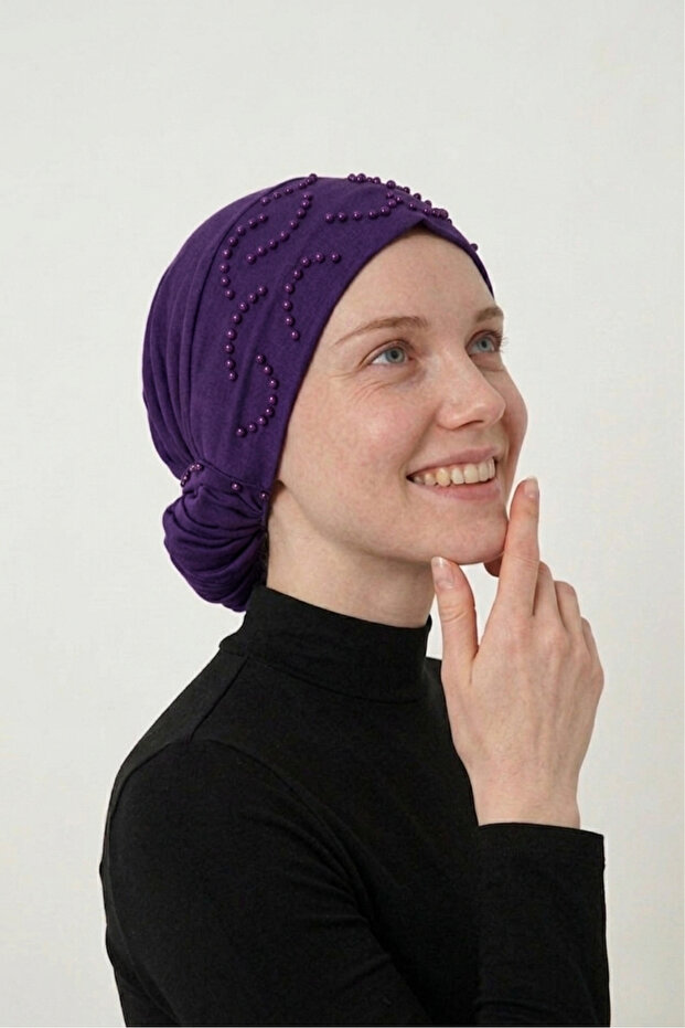 Purple Instant Turban Hijab with Bun, Suitable for Medical Use