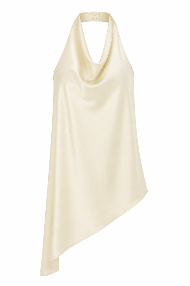 Halter Neck Draped Asymmetrical Satin Yellow Blouse