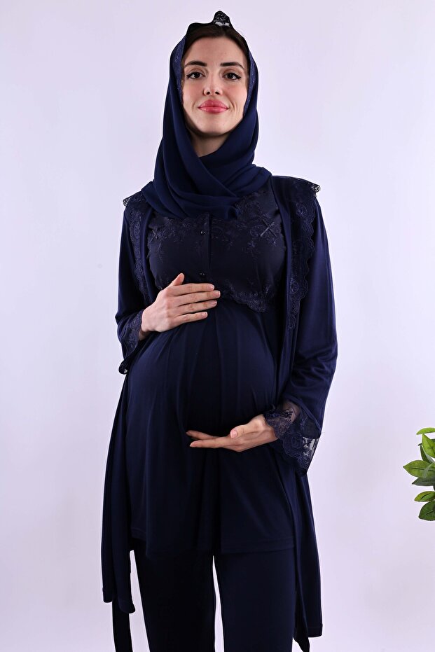 Effortt Maternity Pajama Set with Hijab and Comfortable Cut Dressing Gown - Navy Blue