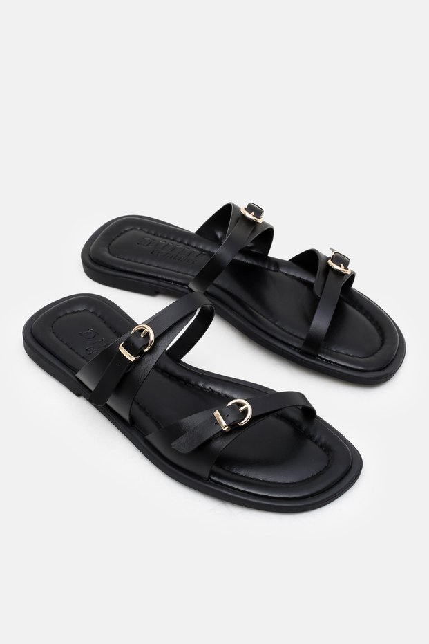 Liora Matte Skin Double Tape Belt Detailed Flat Sole Leather Women's Black Slippers