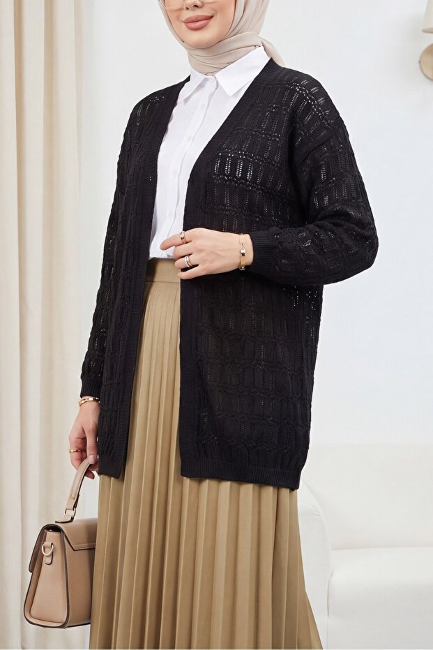 Openwork Patterned Spring Cardigan -Black