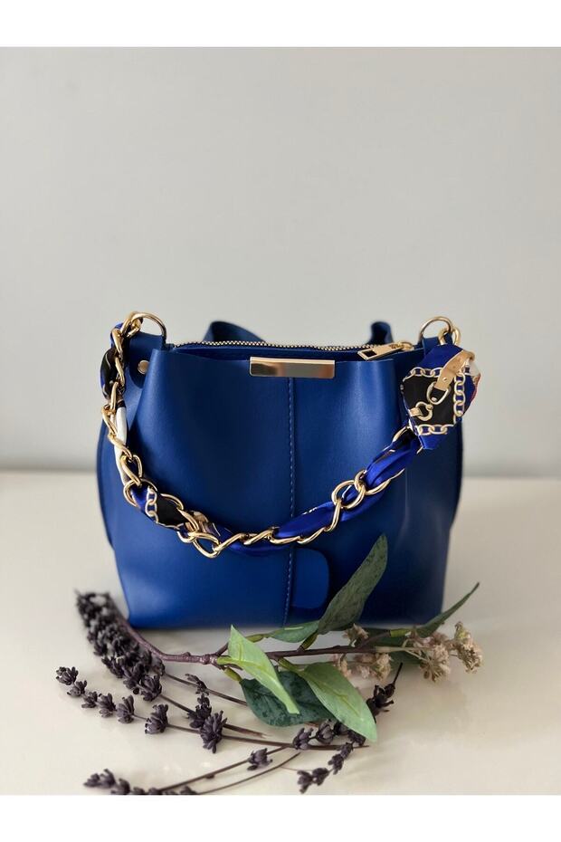 Women's Soft Leather 3-Compartment Handbag, Shoulder Bag with Scarf and Chain Accessories