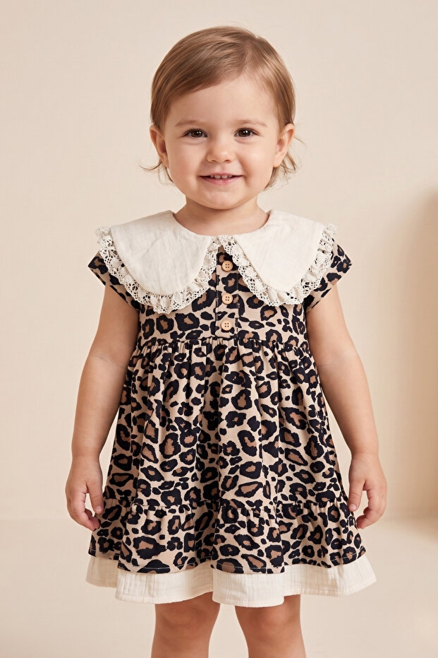 Leopard Patterned Collar Detailed Baby Girl Dress