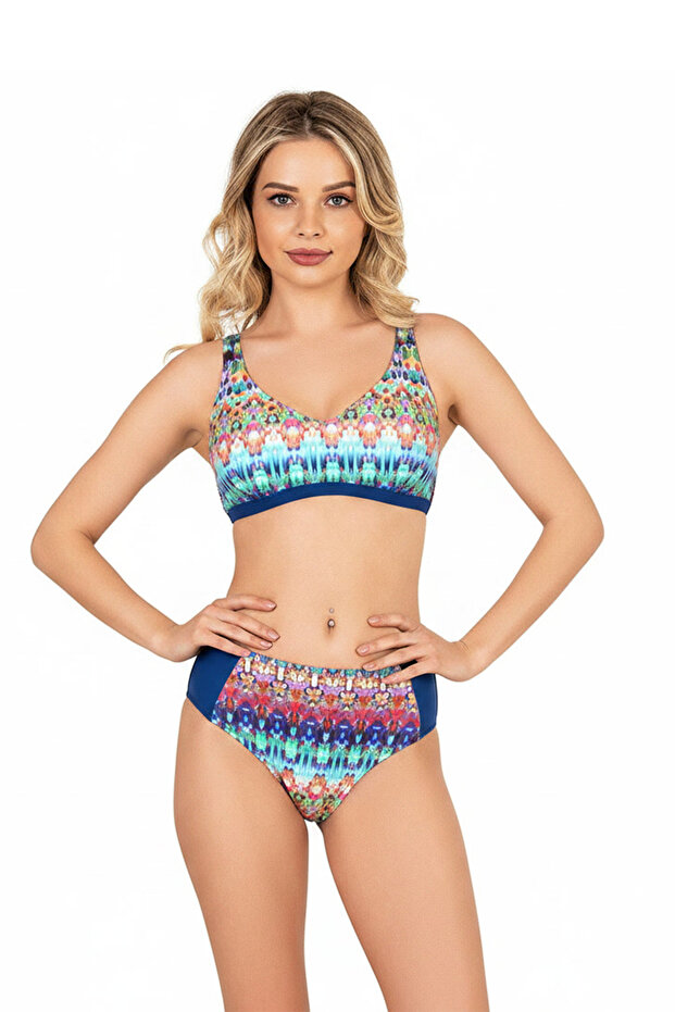 Beria Women's Blue Ethnic Patterned Bikini Set with Gathering Straps