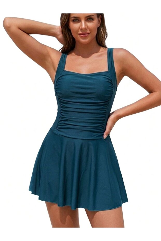 Curve Shaping and Slimming Effect Draped Pleated Dress Skirt Swimsuit