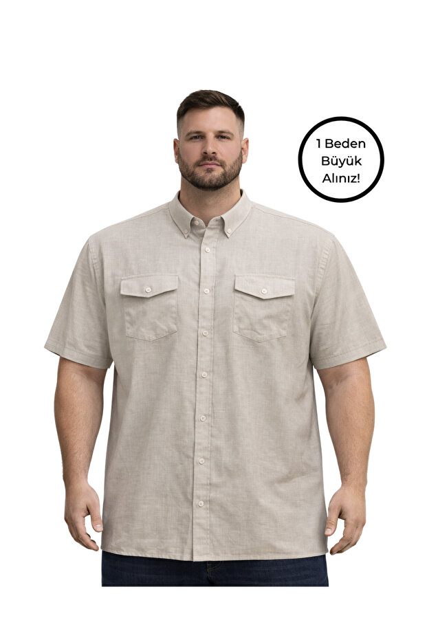 Men's Large Size Beige Double Pocket Short Sleeve Shirt 3Xl-4Xl-5Xl-6Xl-7Xl-8Xl