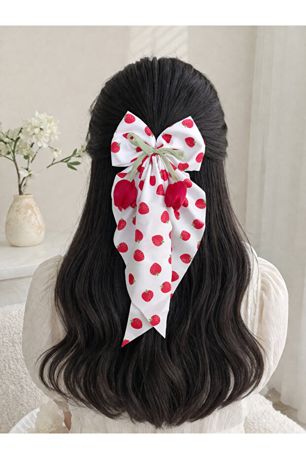 Tulip Figured Satin Bow Automatic Clip Strawberry Patterned Large Size Hair Clip Summer Stylish Accessory