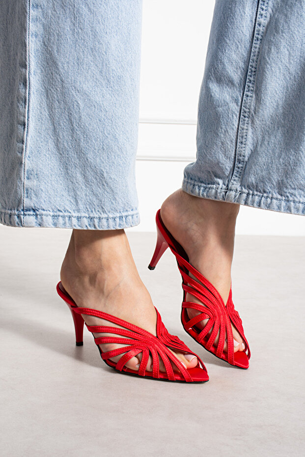 Nadina Red Satin Fabric Open-Toe Caged Women's Heelled Slippers