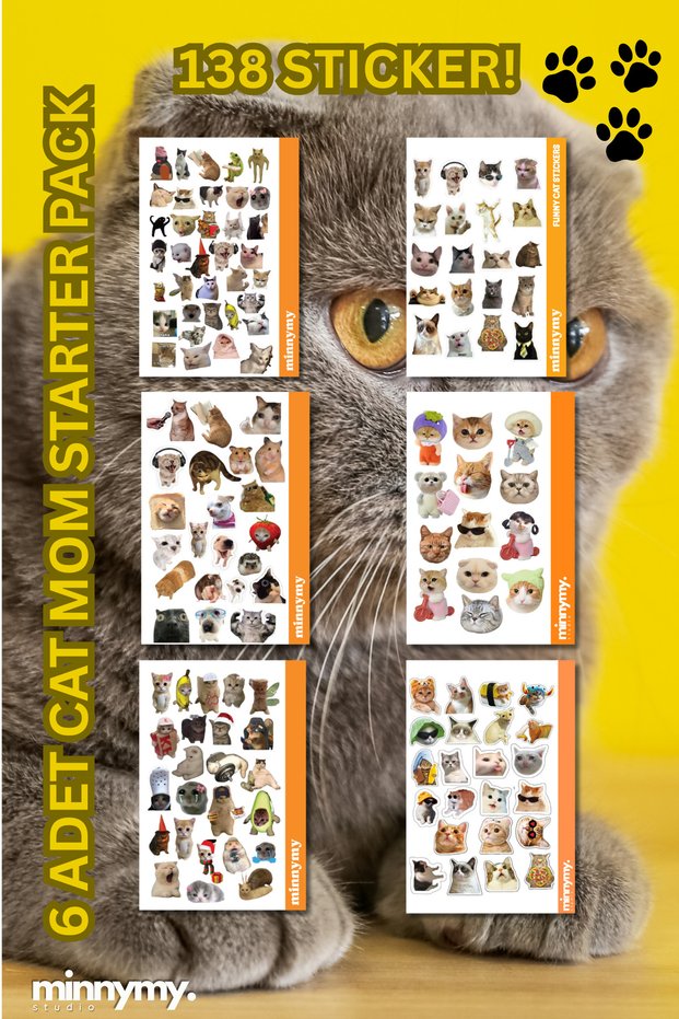 6-Piece Funny Cat, Cats, Sticker, Decal, Agenda, Diary, Planner, Bullet Journal, Scrapbook