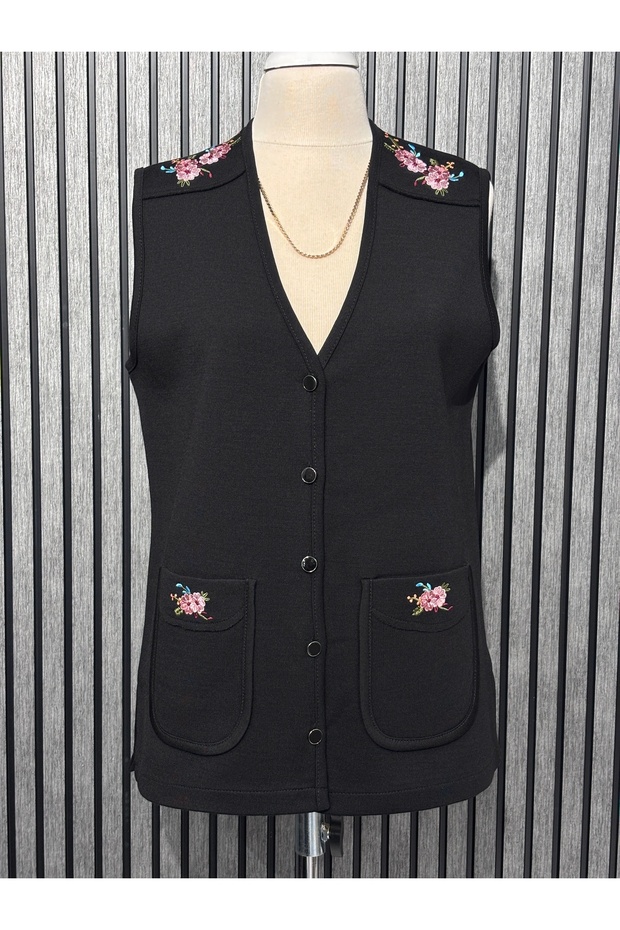 Steel Mesh 5-Button Shoulder Embroidered Mother's Vest Black