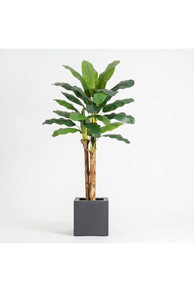 Artificial Banana Tree with Grey Planter, Faux Banana Leaf Plant for Home Office