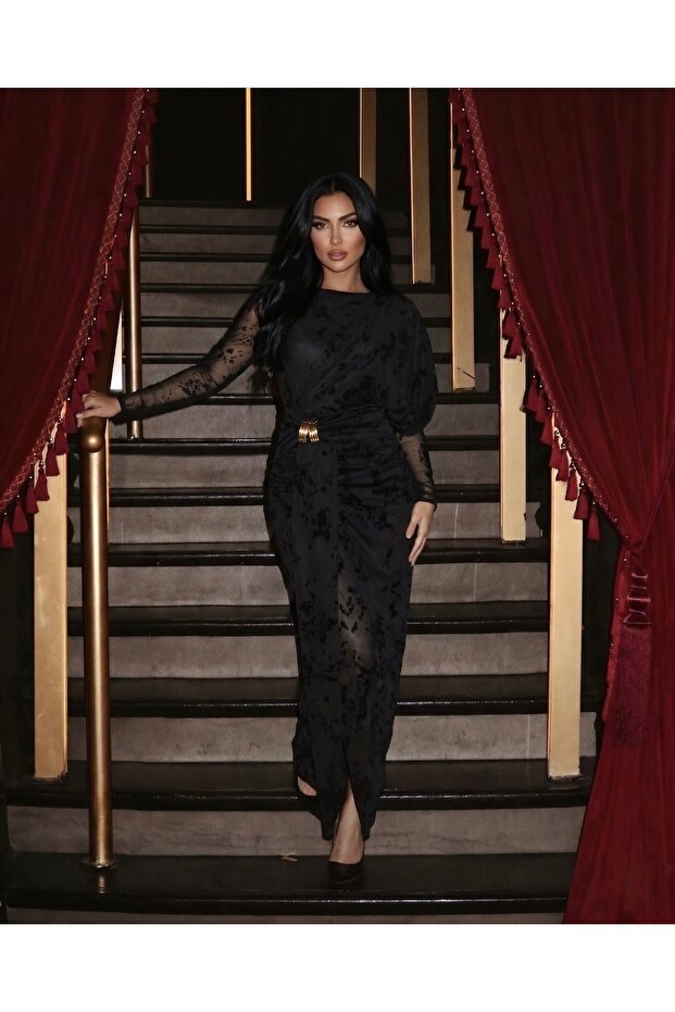 Imported Tulle Chiffon Fabric Flock Print Accessory Detailed Lined Slit-Slit Special Design Maxi Dress
