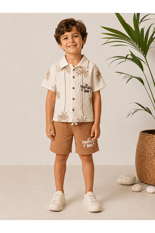 100% Cotton Boys' Palm Tree Patterned Muslin Fabric Polo Collar Shirt & Muslin Fabric Coffee Shorts Set