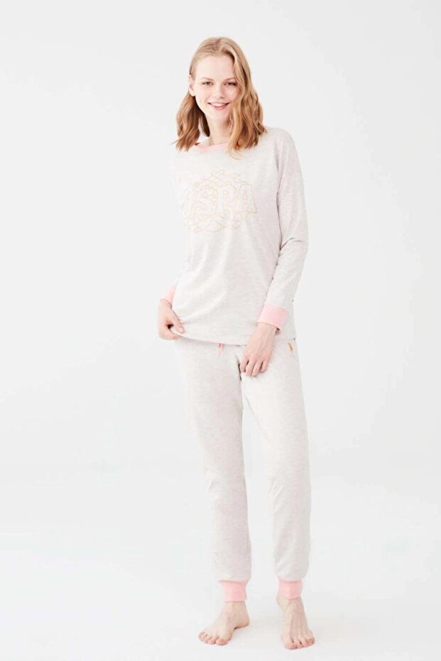 Women's Beige Melange Round Collar Pajama Set