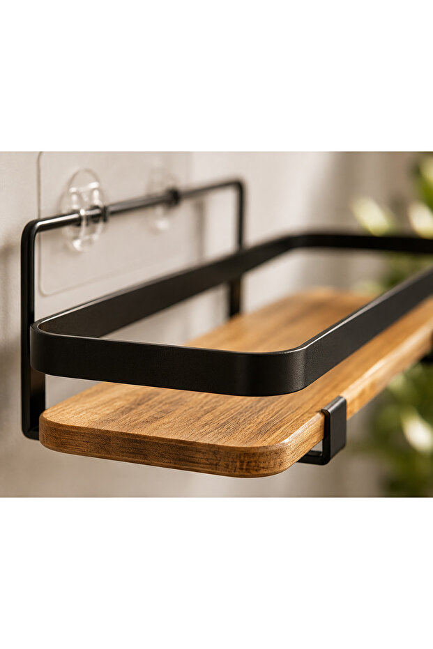 Premium double shelf for bathroom or kitchen, 5Five Simply Smart, installation without drilling, durable adhesive backing, metal and wood, black with wood look - 3
