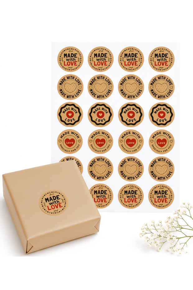 Mixed Made With Love Printed Kraft 4 Cm Round Sticker 24 Pieces No:12