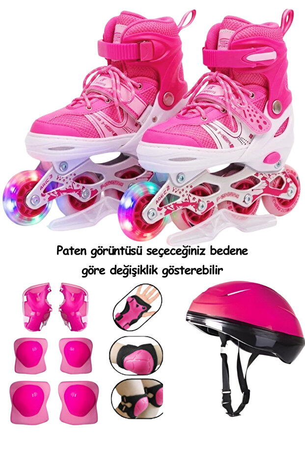 düşler oyuncak dünyası Pembe Numara Ayarlanabilir Işıklı Alıştırma Pateni (2+2 veya 2+1+1) ve Kask Dizlik Seti Çantalı