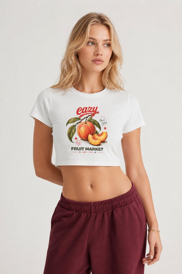 Eazy Fruit Market Printed Women's White Crop T-Shirt Crew Neck Short Sleeve Cotton Crop Top