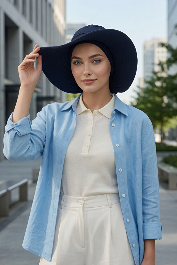 Combed Cotton Bonnet Turban with Detachable Bow on the Back, S-4, Navy Blue
