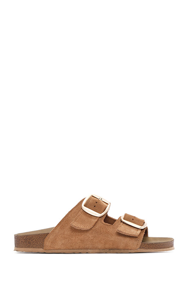 Women's Tan Buckle Suede Leather Slippers 26Sfd130610