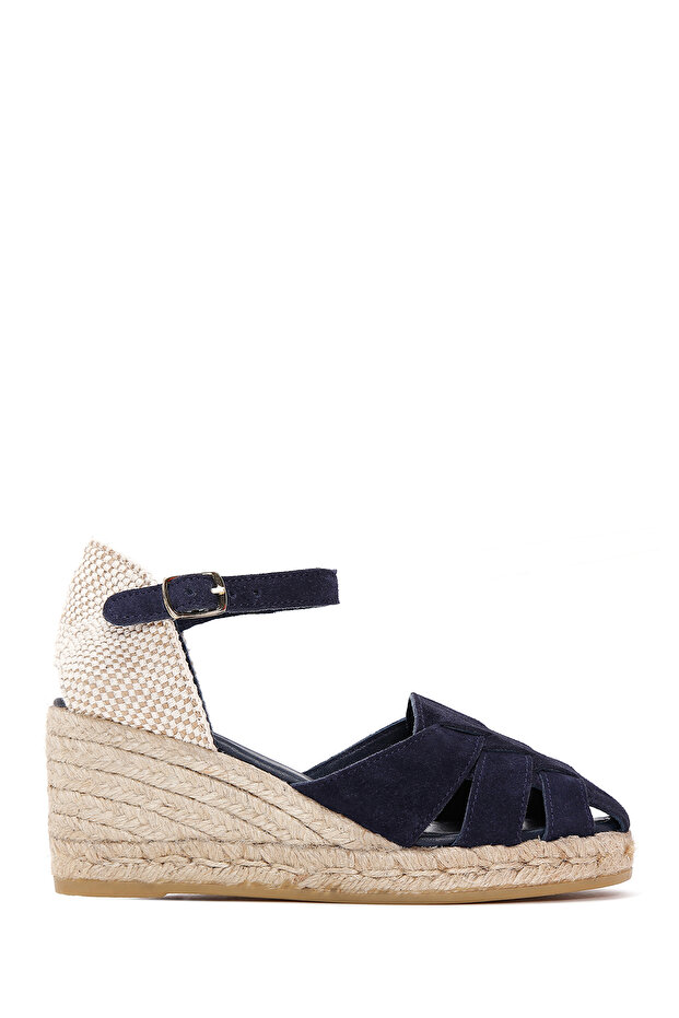 Women's Navy Blue Ankle Strap Wedge Heeled Suede Leather Espadrille Sandals 25Sfd151110