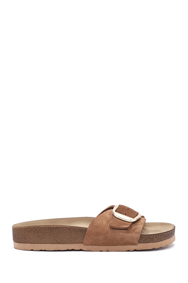 Women's Tan Buckle Suede Leather Slippers 25Sfd130610