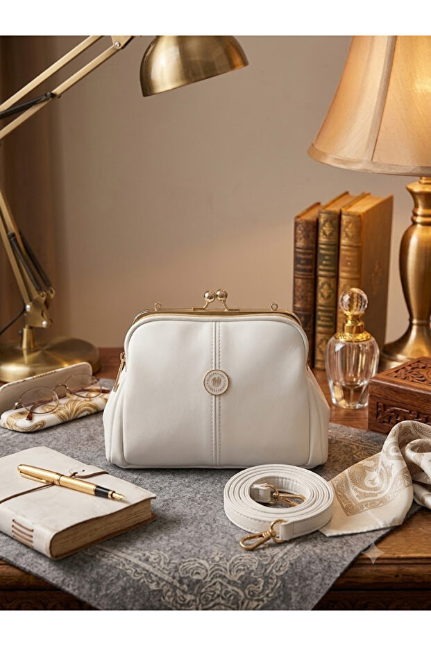White Women's Scholarship 4-Compartment Adjustable Crisscross Straps Soft Faux Leather Shoulder and Crossbody Bag